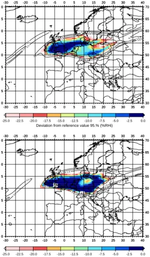 Fig. 12. Evolution of the cirrus cloud situated on the pressure level 30 at t = −6 h, p = 204 hPa and t = 0 h, p = 202 hPa