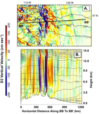 Fig. 5. MM5 vertical velocities at 12:00 UTC on 19 April 2001. (A). D4km 300 mb w (B) D4km w cross section