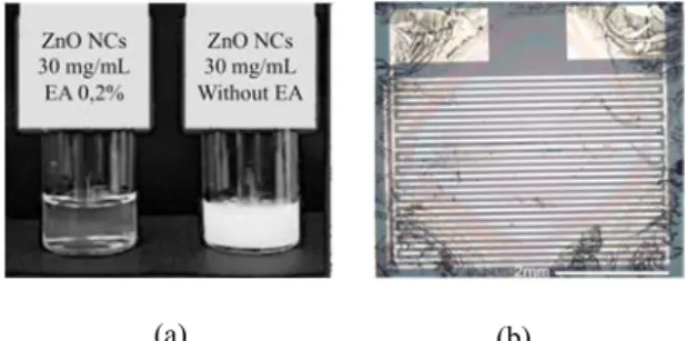 Fig. 1. (a) Pictures of solutions based on ZnO NCs  in isopropanol at 30 mg/mL with or without 0.2 vol.% 