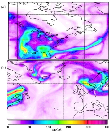 Fig. 1. Total columns of a North American CO tracer on (a) 13 November 2001 at 00:00 UTC and on (b) 19 November 2001 at 12:00 UTC over eastern North America and the North Atlantic  re-gion, respectively
