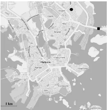 Fig. 1. The measuring locations on Helsinki area. The black circle presents the Vallila site and the black square shows the place of the automatic traffic counts at It¨av¨ayl¨a road.