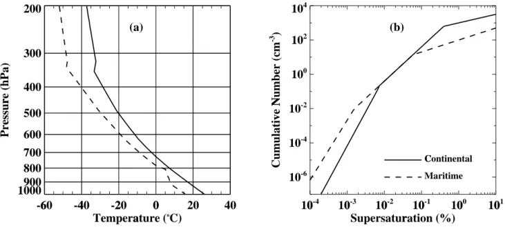 Fig. 2. (a) Initial profiles of temperature (solid line) and dew point temperature (dashed line), and (b) CCN spectra used in the present work.