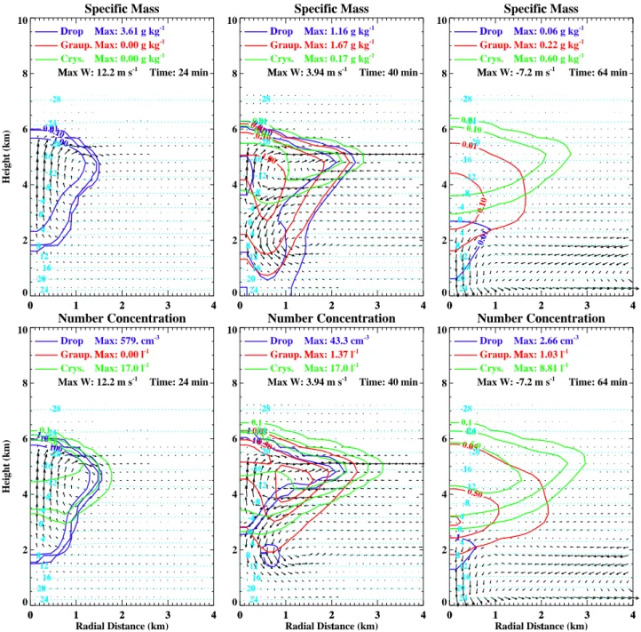 Fig. 4. Spatial distributions of specific mass (top panels) and number concentration (bottom panels) for drops, graupel and ice crystals in the continental simulation at “Cumulus stage” (at 24 min) characterised by an updraft throughout most of the cell, “
