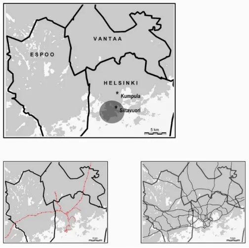 Fig. 1. A map of the Helsinki metropolitan area. The measurement site locations are indicated with a star in the (upper), and the dark circle is the downtown area