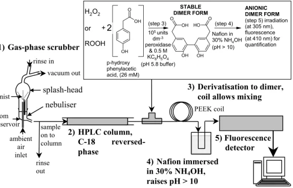Fig. 2. Schematic diagram of gas-phase sampling and analysis of hydroperoxides using a nebulising reflux concentrator, HPLC and post-column derivatisation.