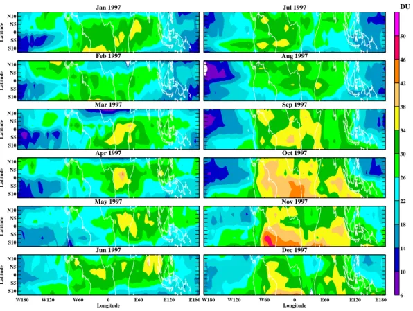 Fig. 9. CCP tropospheric ozone derived with EP TOMS 360-nm reflectivity information in 1997.