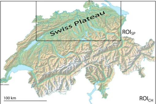 Fig. 1. Regions of interest used in this study covering the whole Switzerland (6 ◦ E–10.5 ◦ E, 45.75 ◦ N–47.75 ◦ N, ROI CH ) and the polluted Swiss Plateau (7 ◦ E–9.5 ◦ E, 47 ◦ N–47.75 ◦ N, ROI SP )