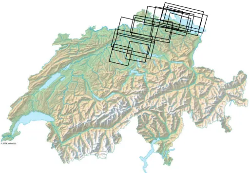 Fig. 2. Topographic map of Switzerland (© 2005 swisstopo) with the location of the SCIA- SCIA-MACHY pixels used for the pixel surface pressure sensitivity calculation.