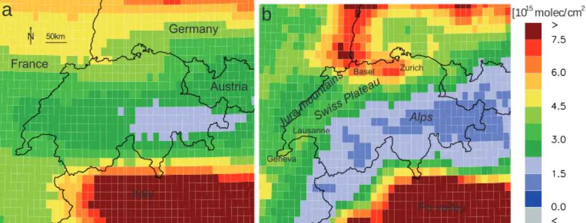 Fig. 7. Mean clear sky (satellite pixel cloud fraction ≤ 0.1) NO 2 tropospheric columns over the Central Alps and Switzerland deduced from GOME (1996–2003) (a) and SCIAMACHY (2003–