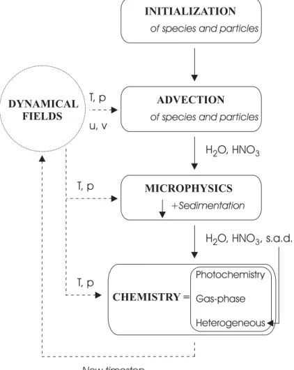 Fig. 1. Schematical presentation of the model, illustrating the coupling between the chemical and microphysical modules.