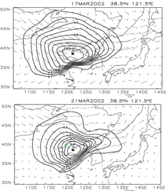 Fig. 11. Surface distribution of dust concentration over East Asia without (a) and with (b) assimilation on 20 March 2002