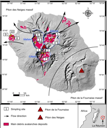 Figure 1. The map of La Reunion Island and location of the study area. Location of the debris avalanche deposits of the Piton des Neiges massif with main ﬂ ow directions (arrows) and of the studied sites.