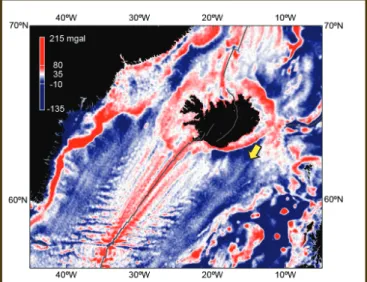 Figure 3. Gravity map of the North Atlantic Ocean showing prominent  V-shaped ridges in the basement topography around the Reykjanes  Ridge south of Iceland