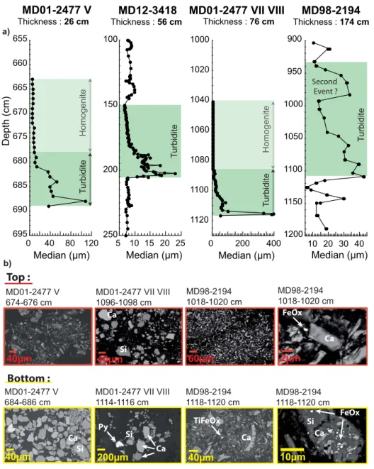 Figure 3. Sedimentary grain sizes (a) as a function of depth (redrawn from Campos et al