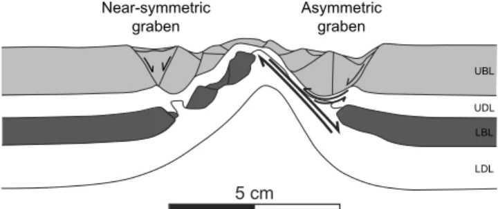 Figure 9. Comparison of the final geometry of the silicone layer in experiment at crustal scale with (a) high and (b) low extension rate