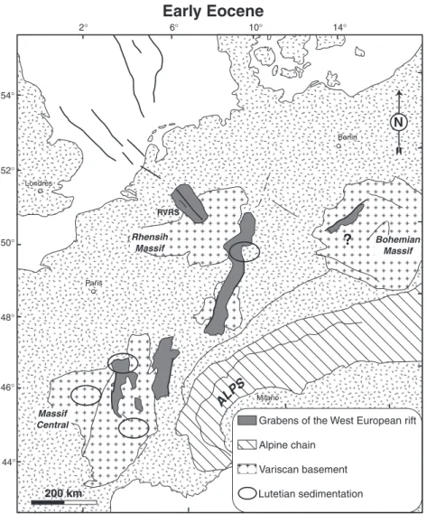 Fig. 11. Early Eocene evolution characterized by a thermal subsidence in the southern North Sea and a continental sedimentation in the Alpine foreland