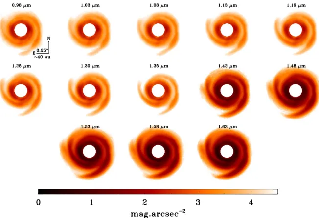 Fig. A.1. Individual RDI IFS images of SAO 206462 covering the 0.95–1.65 µm spectral range using a spectral binning of 3 (R ∼ 9–15)