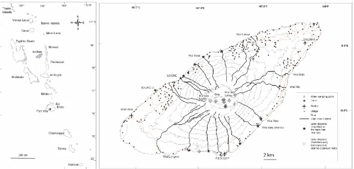 Fig. 1. Left panel, Vanuatu archipelago with Ambae Island in grey. Right panel, Ambae Island showing major river catchments, villages and roads