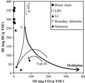 Figure 2. Hydrogen Index vs. Oxygen Index for recogni- recogni-tion of genetic type of organic matter