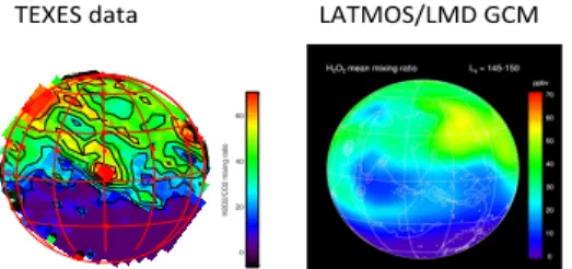 Figure 2: (left)Map of the H 2 O 2  mixing ratio, in ppbv,  inferred from the H 2 O 2 /CO 2  line depth ratio, using a  summation  of  the  two  H 2 O 2   doublet  lines  at  1234.0   cm -1   and  the  CO 2   transition  at  1233.2  cm -1 