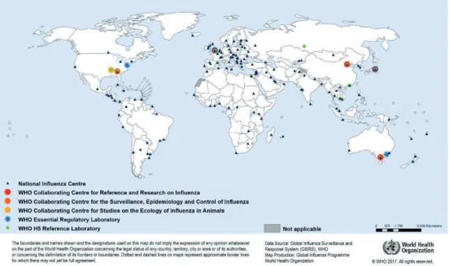 Figure 1.  Le Global Influenza Surveillance and Response System de l’Organisation mondiale de la Santé et la  localisation de ses 152 centres nationaux