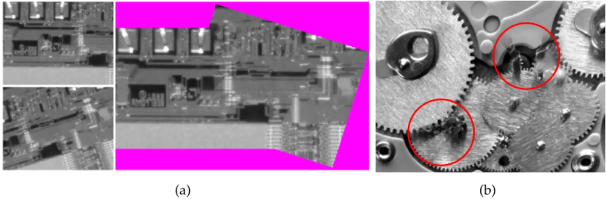 Figure 3 – (a) Exemple du recalage et de la fusion automatique de deux images d’une puce EPROM (r´esolution 2 , 51 µm/pixel)