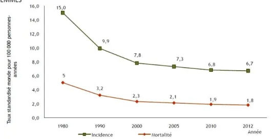 Figure  2:  Evolution  de  l'incidence  et  de  la  mortalité  (taux  standardisé  monde  estimé)  par  cancer du col de l'utérus entre 1980 et 2012