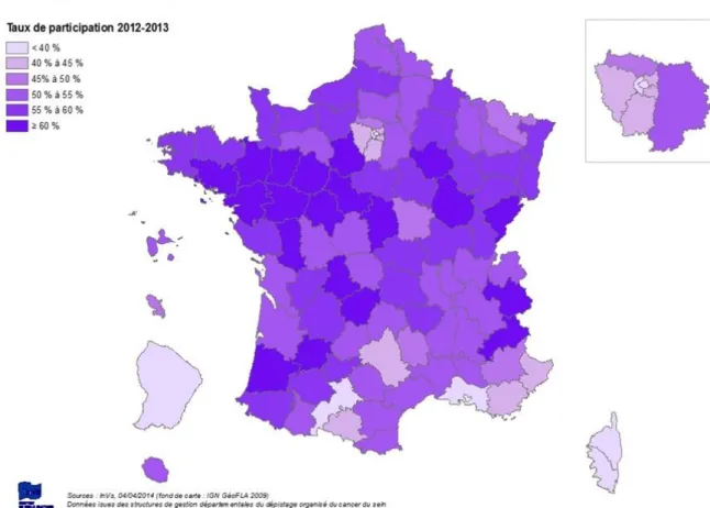 Figure  4:  Taux  de  participation  départementaux  au  programme  de  dépistage  organisé  du  cancer du sein en France en 2012-2013