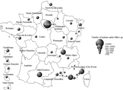 Figure 2 : Carte régionale des centres participants dans FHDH, et le nombre de patients suivis  dans chaque centre en 2009