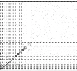 Figure 4. Dot-plot de la matrice d’adjacence du r´ eseau m´ etabolique d’Escherichia coli, une fois reordonn´ ee suivant les 22 classes selectionn´ ees par ILvb.