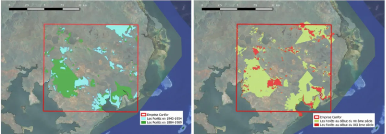 Figure 3 : Evolution du paysage forestier de la zone du Grand Sud Calédonien entre le début du XXe siècle et le début du XXIe siècle (à gauche) et entre le début du XXe siècle et le milieu du XXe siècle (à droite) ; (d'après Utard 2015; Birnbaum et al