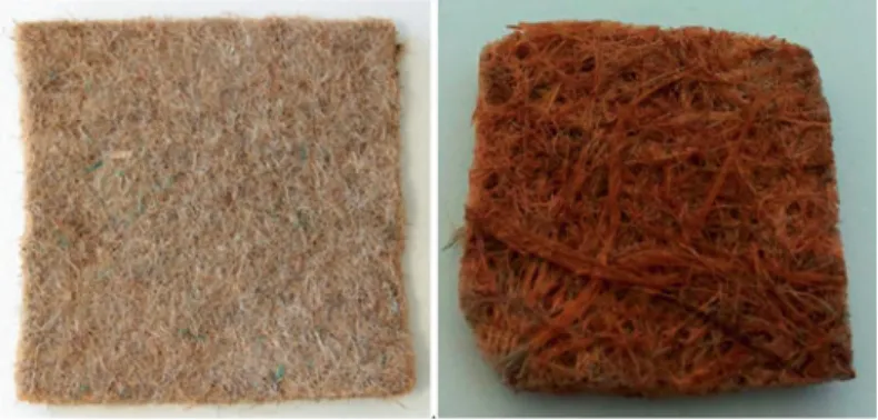 Fig. 1.8  Hemp felt before (left) and after adsorption (right) in a solution containing a mixture of  six metals