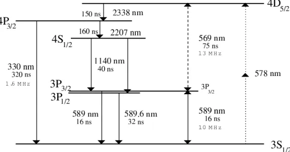 Figure 12: Energy levels of neutral sodium atom, with wavelengths (nm), lifetimes (ns) and homogeneous widths (MHz).