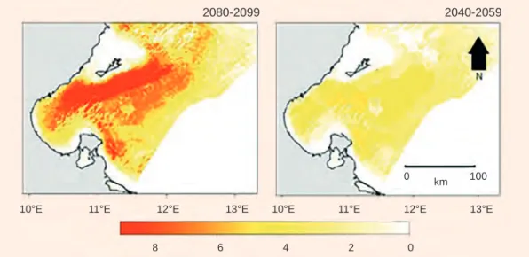 Figure B3 Differences between species richness predicted under current climate conditions (1982-2009, baseline scenario) and values predicted under a mid-century climate scenario (2040-2059, right panel) and an end-century climate scenario (2080-2099, left