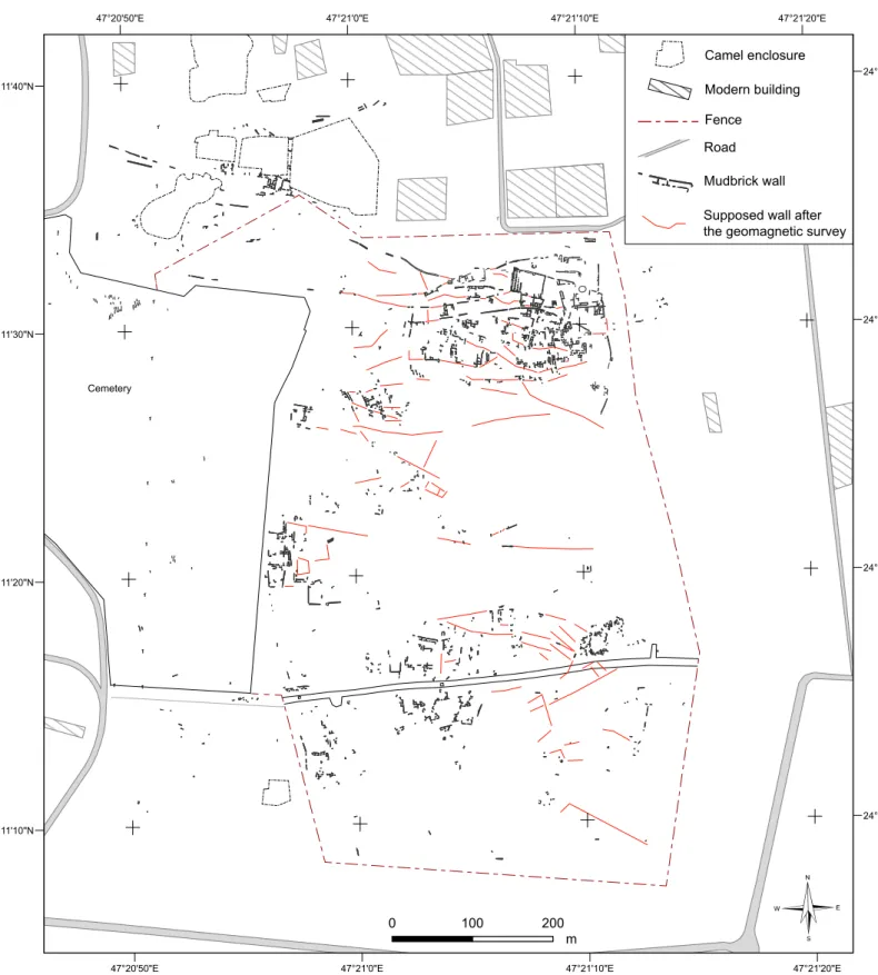 Figure 94  Al-Yamāma: map of the archaeological structures visible on the ground and reconstitution of  the layout of underground structures according to magnetic data (B
