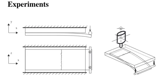 Figure 1: Two PMMA plates sintered together: a thick clamped one (21 cm long, 11 cm wide, and 1 cm thick) and a thin one (23 cm × 9 cm × 0.6 cm) subjected to a normal displacement.