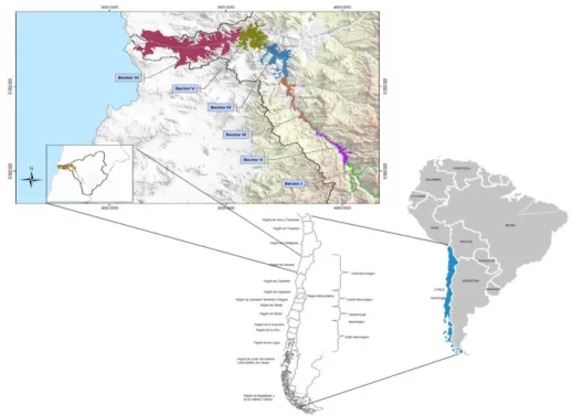 Figure 25.  2: Location of the Copiapó Valley and division of the alluvial water  table into management sectors (Rinaudo and Donoso, 2018)
