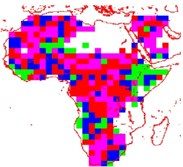 Fig. 8a. Post-onset period: mean probability function for class 0, 1, 2 and 3. Although this classification is independent from the previous one, color code is selected to get maximum similarity with Fig