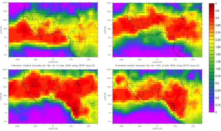 Fig. 9. Rainfall potential intensity maps computed without spatial integration window.