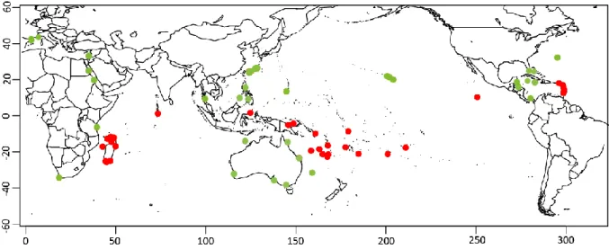 Figure  9:  Répartition  géographique  de  l’ensemble  des  données  intégrées.  Les  points  rouges  désignent  les localités  des  échantillons traités et directement issus de cette thèse, tandis que les points verts se réfèrent aux séquences partagées  