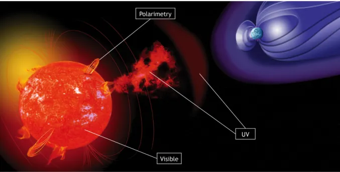 Figure 2: Schematic view of a cool star with its dynamo magnetic field, surface faculae and plages, wind, a coronal mass ejection, and a bow shock between the star and its planet