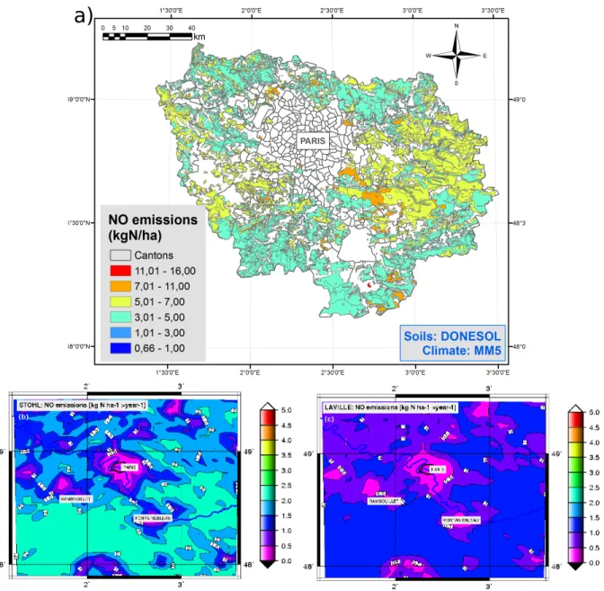 Figure 8: Maps of cumulative NO emissions from arable soils (kg N-NO ha 1 yr − 1 ), as estimated by our spatial inventory (a), by the Stohl et al