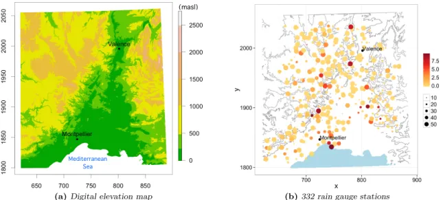 Figure 1: Region of the French Mediterranean area : orography (left) and rain gauge sta- sta-tions (right)