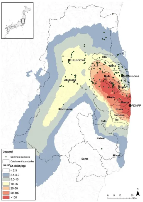 Figure 1. Location of the sediment samples collected between 2011–2020  in the river catchments draining the main radioactive  plume  nearby FDNPP