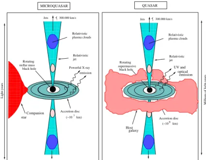 Figure 1: Schematic view illustrating analogies between quasars and microquasars (Chaty, 1998)