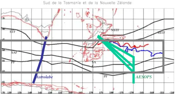 Figure 12 : Trajectoires des bouées CARIOCA 2004_nord (rouge) et 2004_sud (bleu) superposé à notre  zone d’extrapolation (cadre gris) ; les fronts hydrologiques sont tracés en noir (STF=front subtropical ;  SAF : front subantarctique ; PF : front polaire)