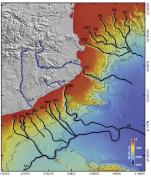 Figure 10: Carte des canyons sous marins de la  cote catalane incluant nos deux sites d’études, le  canyon de Blanes (BC) et le canyon de  Lacaze-duthiers (LDC)