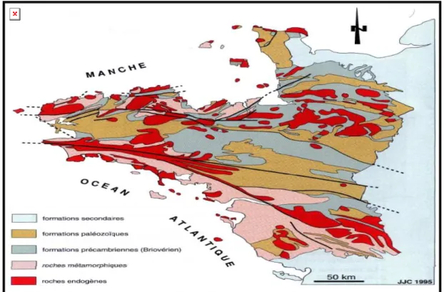 Figure 2-1 :  Carte géologique simplifiée du Massif armoricain (Lardeux, 1996; Judenherc, 2000)   et les principaux accidents tectoniques l’affectant