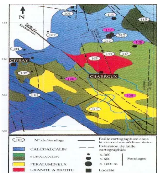 Figure 2-7 : Cartographie sous couverture des faciès géochimiques du socle,  et localisation des  forages étudiés sur le site d’ANDRA (Vienne)