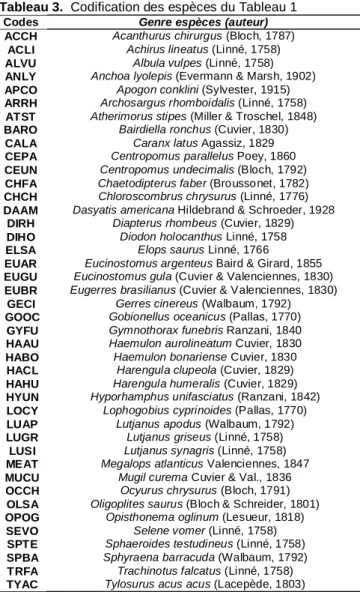 Tableau 3.  Codification des espèces du Tableau 1  Codes  Genre espèces (auteur)  ACCH  Acanthurus chirurgus (Bloch, 1787) 